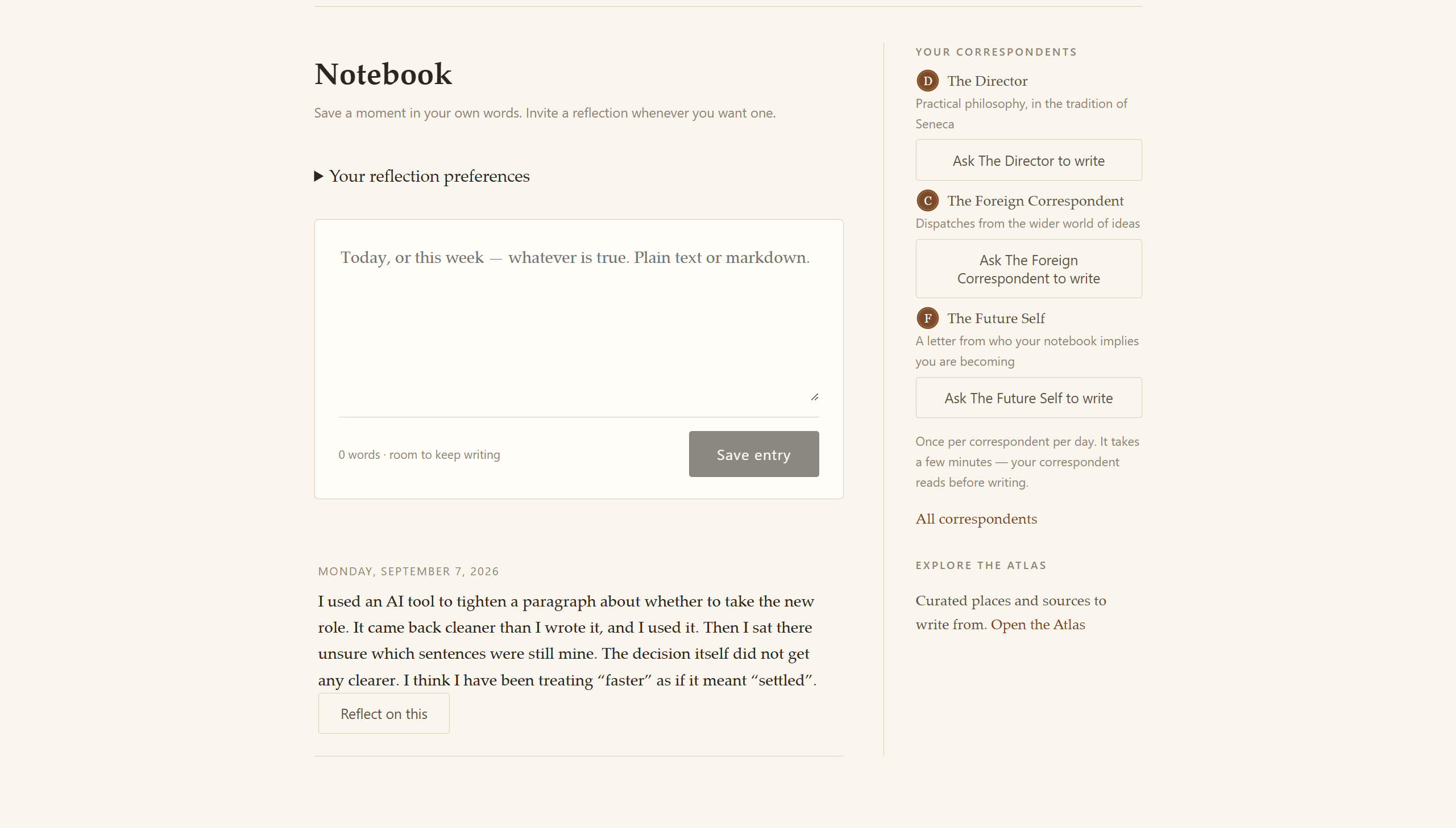 The Notebook home: composer, your correspondents in the aside, and the door to the Atlas