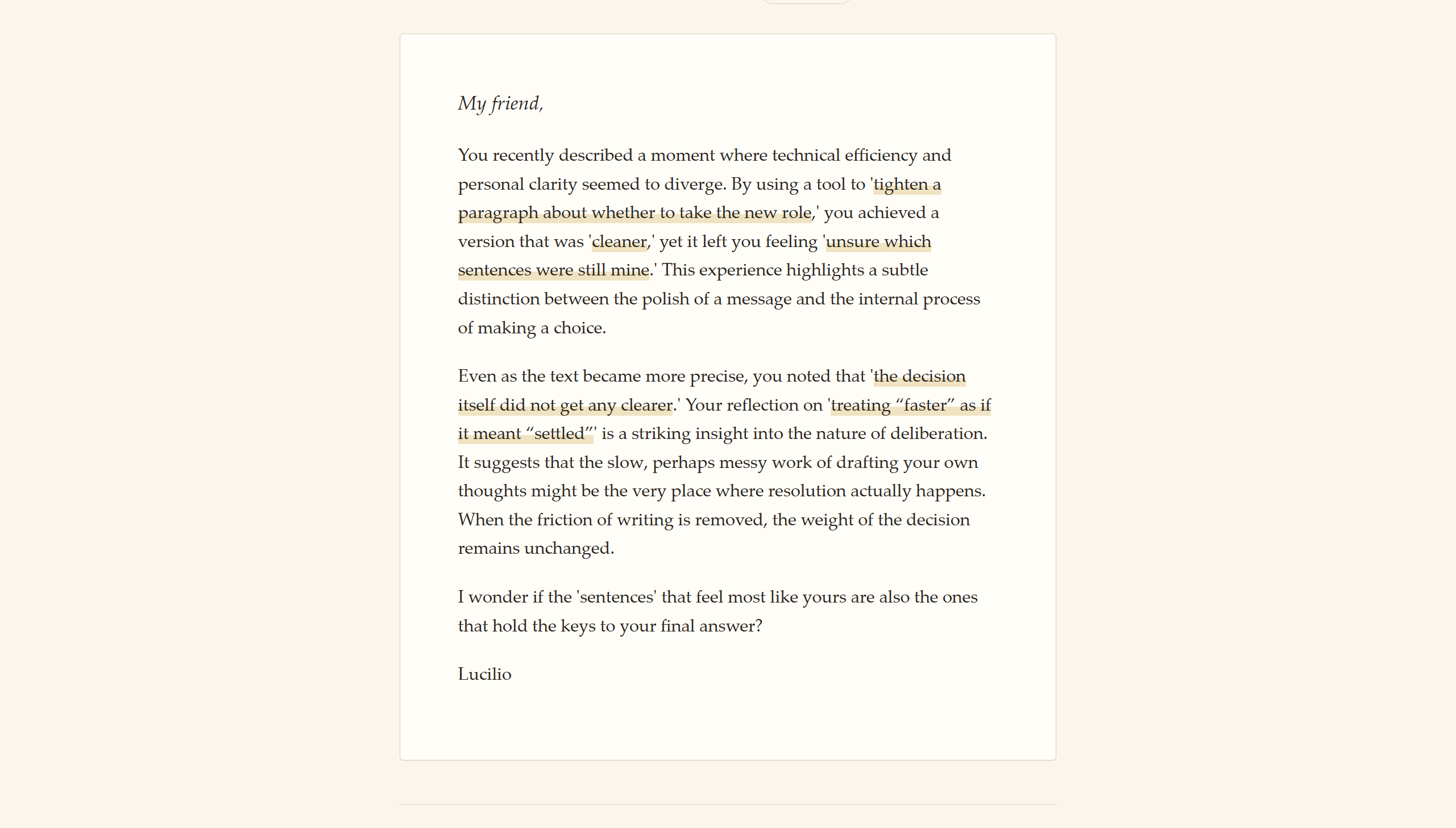 An invited reflection, with the writer's own phrases highlighted